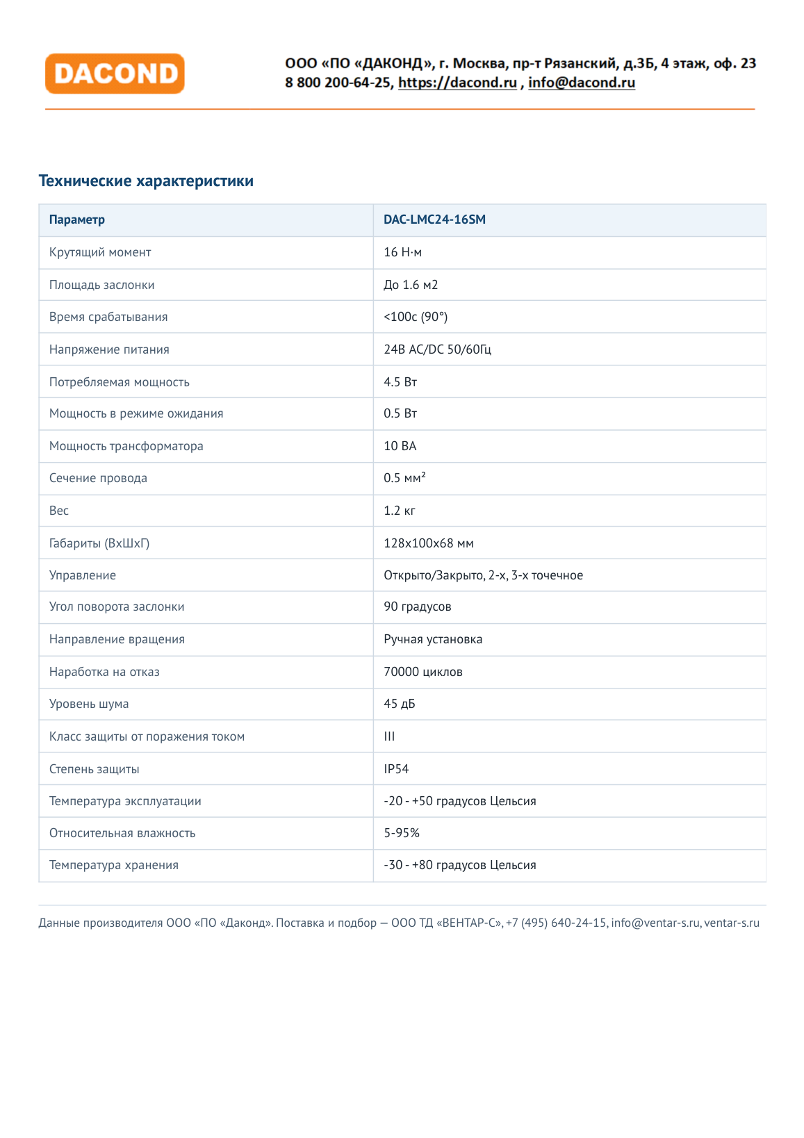 Электропривод DACOND DAC-LMC24-16SM (16 Н·м, 24 В, 0–10 В, без пружины)